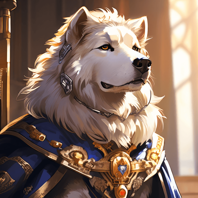 A king-like dog dressed in roy...