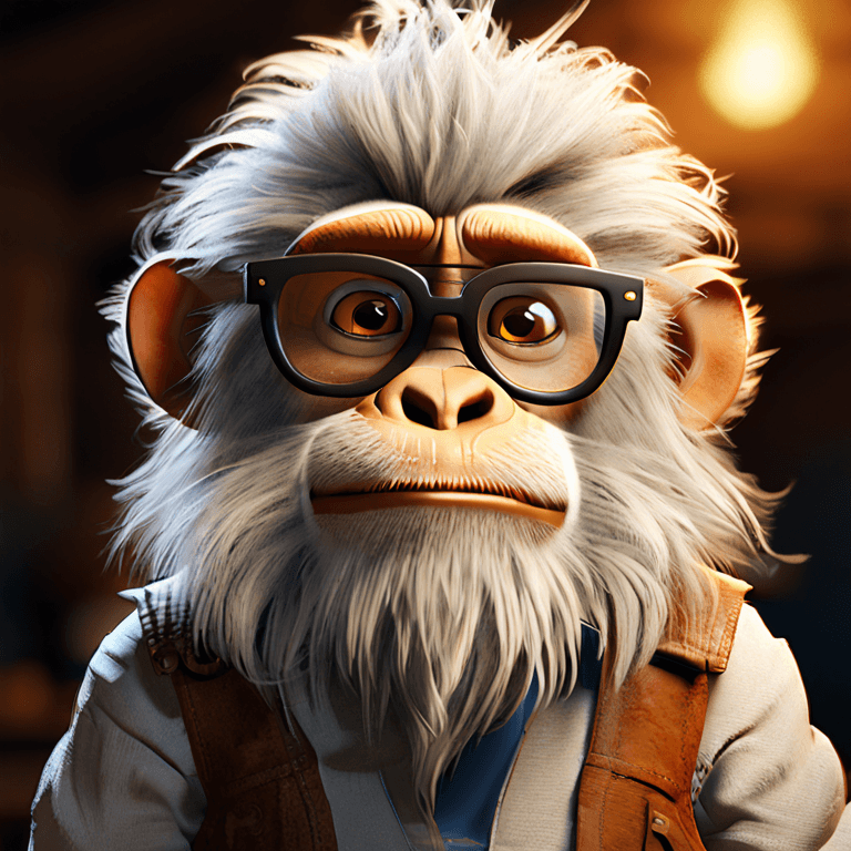 An old monkey wearing glasses and a long white beard, with r...