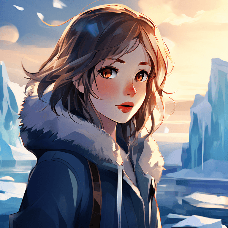 A girl stands in freezing winter on top of an iceberg