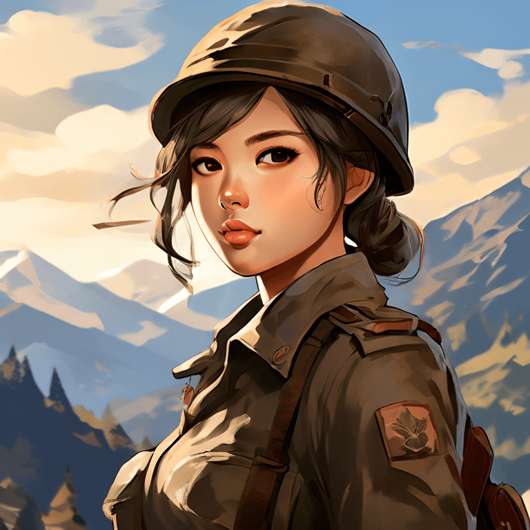 A female soldier in World War II-era clothing stands in fron...
