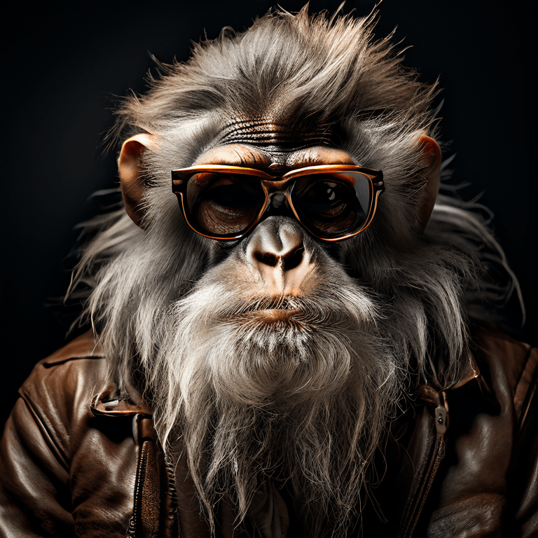 An old monkey wearing glasses and a long white beard, with r...