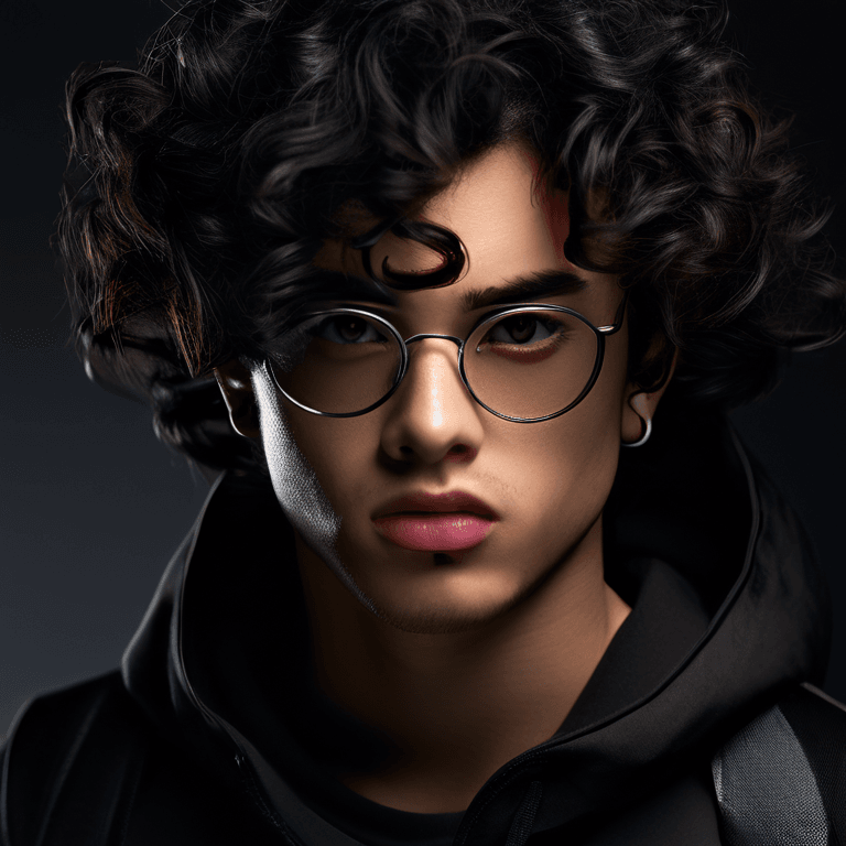 male, Black curly hair, glasse...