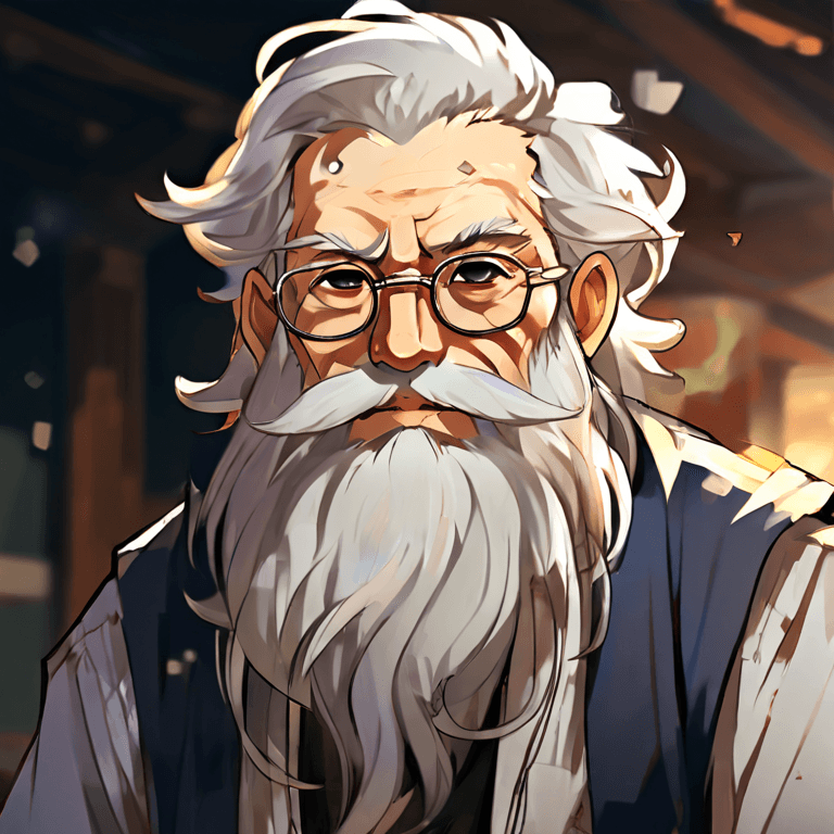 An old man wearing glasses and a long white beard, with shab...