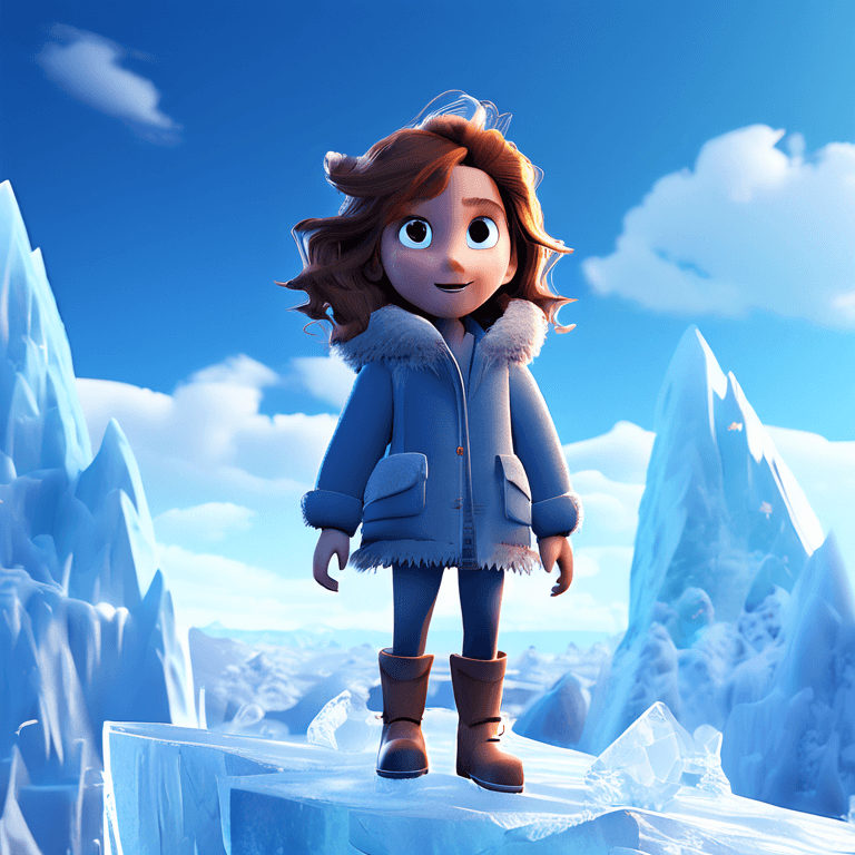 A girl stands in freezing winter on top of an iceberg